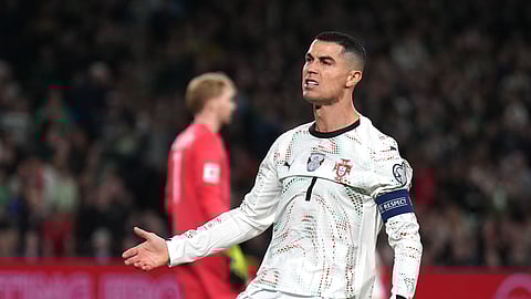 Portugal's Cristiano Ronaldo reacts during a World Cup 2026 group F qualifying soccer match.