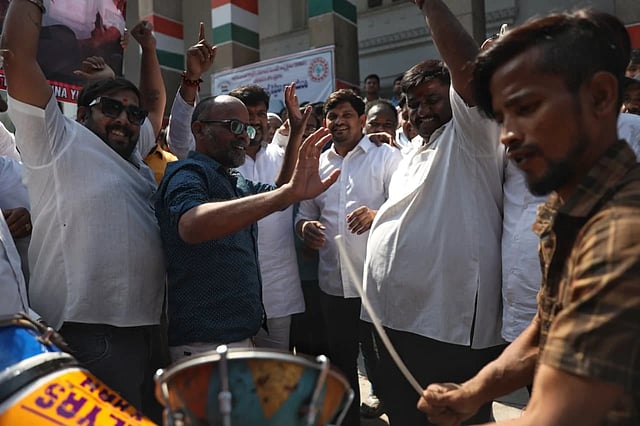 Celebration begins at Congress state HQ, Gandhi Bhavan in Hyderabad, as Congress candidate Naveen Yadav wins the Jubilee Hills Byelection.