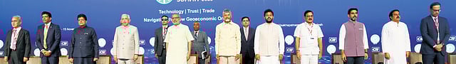 Vice President of India CP Radhakrishnan, Andhra Pradesh Governor S Abdul Nazeer, Chief Minister Nara Chandrababu Naidu, and other Union and State ministers take part in the inaugural ceremony of the 30th CII Partnership Summit in Visakhapatnam on Friday I G Satyanarayana