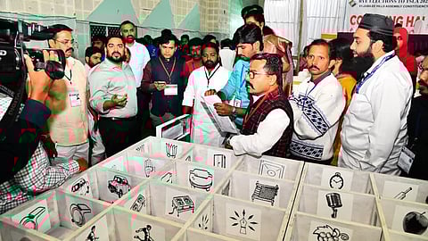 Jubilee hills bye election Counting visuals at Kotla Vijaybhasker Reddy stadium in Hyderabad on Friday.
