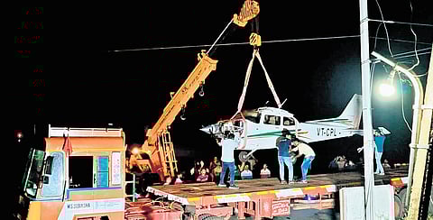The dismantled aircraft being transported on a truck from the Tiruchy–Pudukkottai Highway to Salem on Friday for a detailed technical inspection.