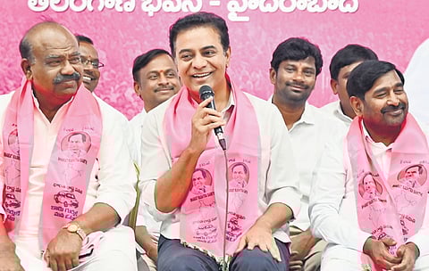 BRS working president KT Rama Rao smiles as he addresses the media at Telangana Bhavan on Friday.