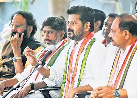 Chief Minister A Revanth Reddy gestures as he addresses the media at his office in Jubilee Hills, Hyderabad on Friday | Vinay Madapu