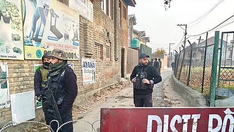 Police seal the area around Nowgam police station after a midnight explosion, Saturday, Nov. 15, 2025.