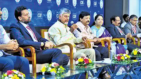Chief Minister N Chandrababu Naidu addressing the media at the CII Partnership Summit in Vizag on Saturday 