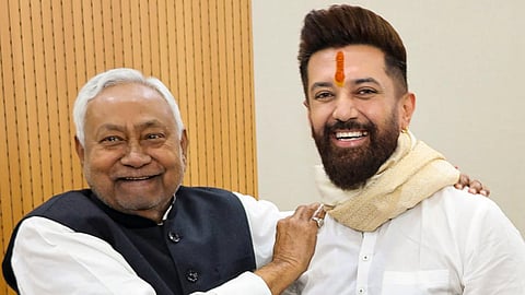 In this image posted on Nov. 15, 2025, Union Minister and LJP (Ram Vilas) chief Chirag Paswan during a meeting with Bihar Chief Minister Nitish Kumar a day after BJP-led NDA's victory in the state's Assembly elections, in Patna.