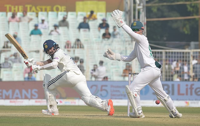 India's skipper K L Rahul in action on the 2nd Day of the Test match against South Africa at Eden Garden, Kolkata.