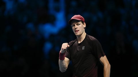 Italy's Jannik Sinner celebrates after winning his match against USA's Ben Shelton at the ATP Finals tennis tournament in Turin on November 14, 2025.