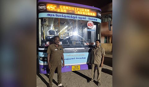 A conductor and driver of the Annur branch in TNSTC Coimbatore region, assisted a passenger in a medical emergency by driving the bus directly to the hospital for treatment on Sunday evening. 