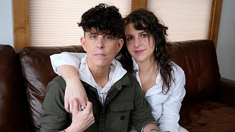 Andrea Gibson, left, and Megan Falley, subjects of the film “Come See Me in the Good Light,” pose for a portrait during the Sundance Film Festival in Park City, Utah, on Jan 25, 2025.
