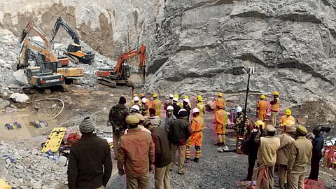 Rescue operation underway after a portion of a stone quarry collapsed, in Sonbhadra, Uttar Pradesh. 