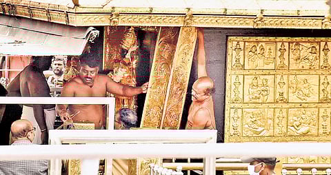 Gold-clad plates are being removed from the sanctum sanctorum of the Sabarimala temple on Monday for scientific examination 