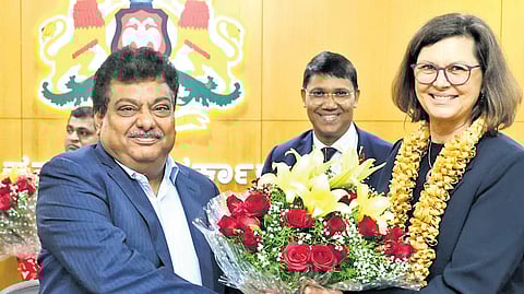 Karnataka Industries Minister MB Patil greets President of the Bavarian State Parliament Ilse Aigner in Bengaluru on Monday.