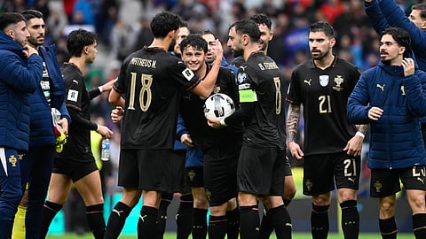 Portugal players celebrate after the 2026 World Cup qualifiers Europe zone group F football match between Portugal and Armenia, at Dragao stadium in Porto on November 16, 2025.