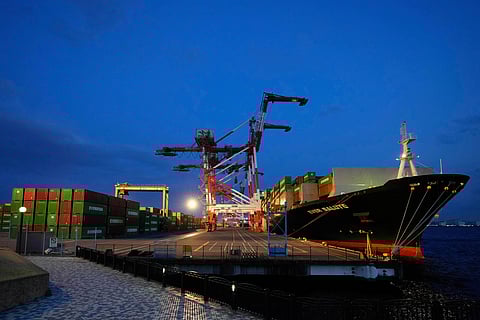 A container ship is docked at a cargo terminal in Tokyo, April 9, 2025