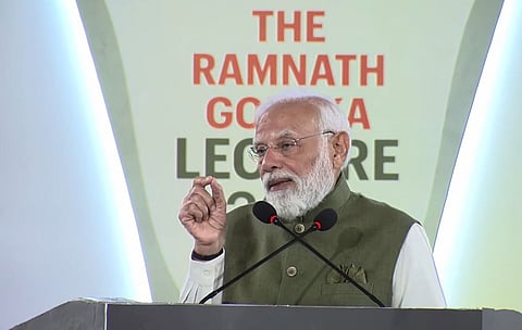 Prime Minister Narendra Modi delivering the sixth Ramnath Goenka Lecture at New Delhi. 