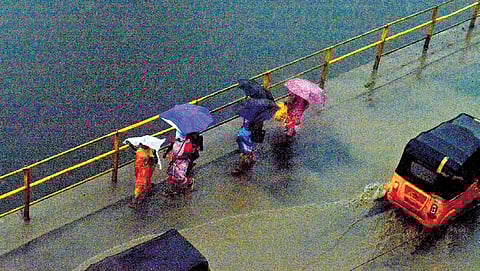 Women take cover from the rain under umbrellas and plastic sheets while crossing a causeway on Cooum river at Poonamalle in Chennai on Tuesday.