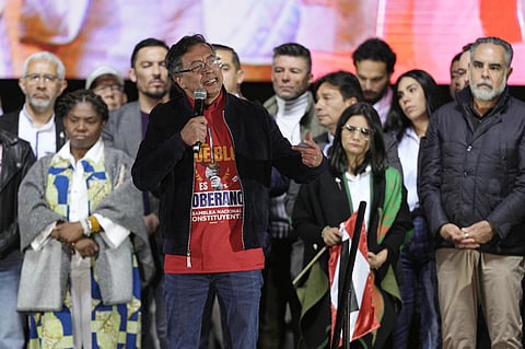 President Gustavo Petro addresses government supporters in Bogota, Colombia, Friday, Oct. 24, 2025. 