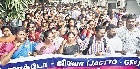 Members of JACTTO-GEO staged a one-day token protest demanding restoration of the Old Pension Scheme across the state on Tuesday.