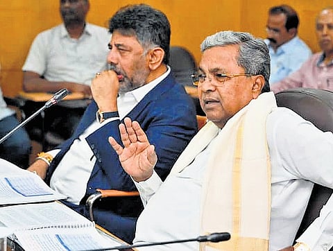 Chief Minister Siddaramaiah and Deputy Chief Minister DK Shivakumar 
address the media at Vidhana Soudha in Bengaluru on Tuesday | Express