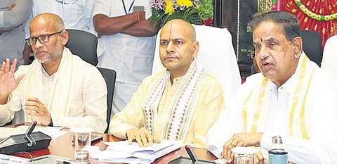 TTD Chairman BR Naidu with EO AK Singhal at the emergency board meeting at Annamayya Bhavan in Tirumala on Tuesday.
