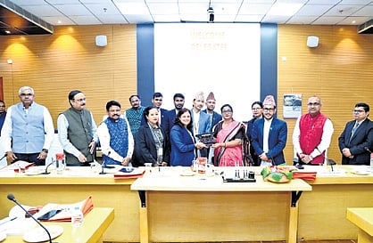 Speaker Surama Padhy welcoming foreign delegates during the programme | Express