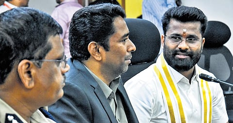 NTR Collector G Lakshmisha, Police Commissioner SV Rajashekar Babu and Durga temple EO VK Seena Naik at a press conference in Vijayawada.