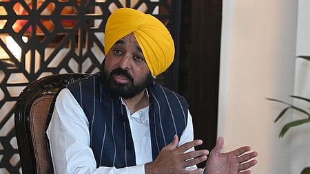 Punjab Chief Minister Bhagwant Mann addresses a press conference, in New Delhi.