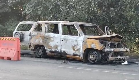 The blaze erupted in the ambulance on Modasa-Dhansura road at around 1 am.