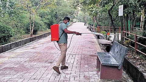 Premises of Rani Chennamma Zoo in Belagavi being sanitised on Tuesday