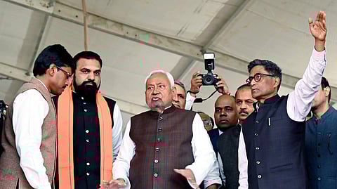 Bihar Chief Minister Nitish Kumar inspects the ongoing preparation at Gandhi Maidan ahead of the swearing-in ceremony scheduled for November 20 in Patna on Tuesday. State Deputy Chief Minister Samrat Choudhary and Chief Secretary Pratyaya Amrit were also present. 