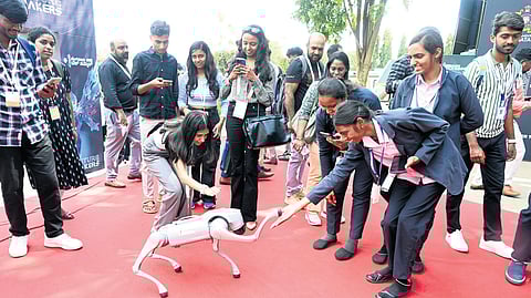 A robo dog was the star of the show, enthralling visitors with its antics, at Bengaluru Tech Summit on Wednesday.
