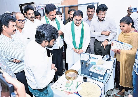 Civil Supplies Minister Nadendla Manohar, along with MLA Bode Prasad, inspects paddy procurement centres in Krishna District on Wednesday 