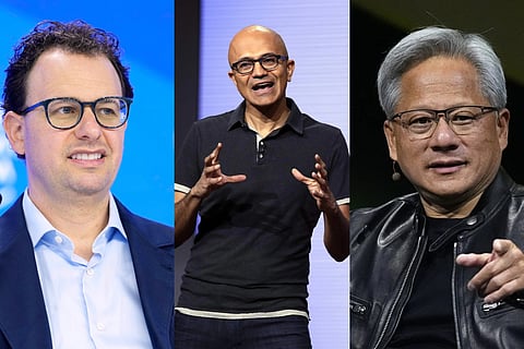 Anthropic co-founder and CEO Dario Amodei, Microsoft CEO Satya Nadella, and Nvidia CEO Jensen Huang.  