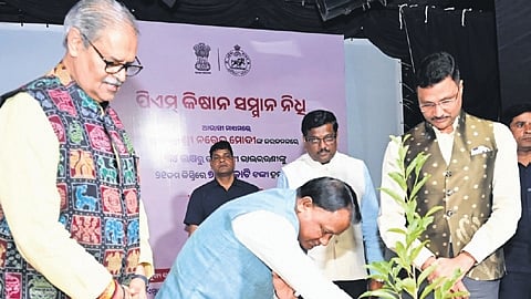 CM Majhi waters a plant as dy CM KV Singh Deo looks on, during PM Kisan Yojana installment disbursement, in Bhubaneswar