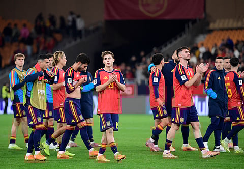 Spain's applaud at the end of the FIFA World Cup 2026 European qualification Group E football match between Spain and Turkey at the Cartuja stadium in Seville on November 18, 2025.