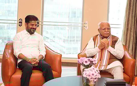 Chief Minister A Revanth Reddy greets Union Minister of Housing & Urban Affairs Manohar Lal Khattar in Hyderabad on Tuesday