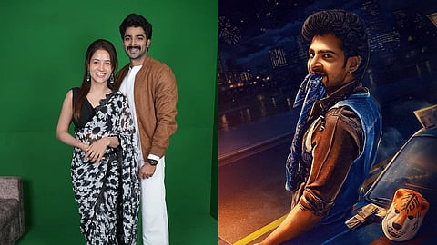 Deekshith Shetty with Brinda Acharya (L), Deekshith's character poster for Bank of Bhagyalakshmi