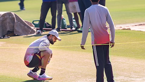 Stand-in captain Rishabh Pant taking a look at the pitch on Thursday