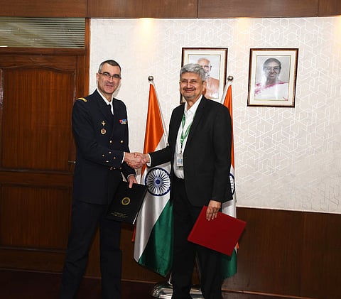 Secretary Department of Defence R&D and Chairman DRDO Dr Samir V Kamat and National Armaments Director, DGA France, Lt Gen Gael Diaz de Tuesta inked the agreement. (Photo | Ministry of Defence)