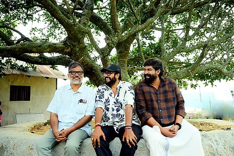 (L to R) AK Sajan, Shaji Kailas, Joju George in the sets of Varavu