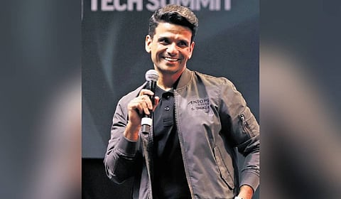 Gaganyatri Group Captain Shubhanshu Shukla delivers his keynote address at Bengaluru Tech Summit on Thursday.