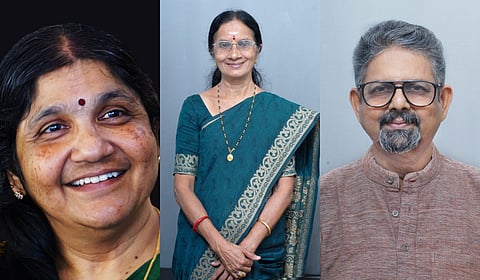 Ambalam ward CPM-backed candidate Radhika Varma (Left), BJP candidate K Radhika Varma and Congress candidate for Vadakke Kotta ward, R V Sivadasan Thampuran.