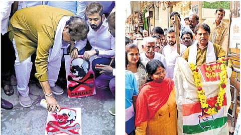 Leader of Opposition R Ashoka leads the BJP protest against the state government for not filling potholes on BVK Iyengar Road in Bengaluru on Friday | Express