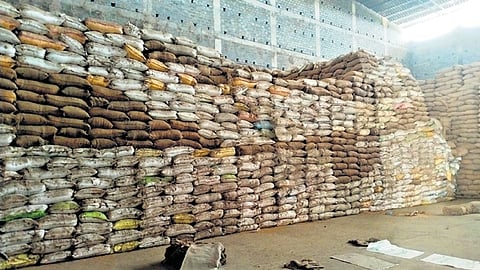 Rice stock of previous kharif and rabi seasons stored in a mill in Bargarh 