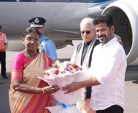 Chief Minister Revanth Reddy along with Governor Jishnu Dev Verma welcomed the President of India, Droupadi Murmu, at Begumpet Airport.