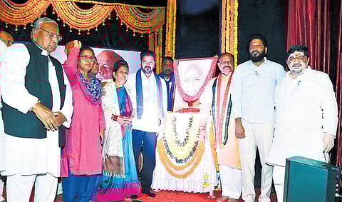 Chief Minister A Revanth Reddy takes part in the Ande Sri memorial meeting at Ravindra Bharati in Hyderabad on Saturday.