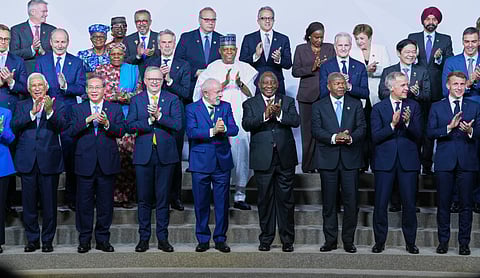 Heads of states gather for a group photo during the G20 leaders' summit, in Johannesburg, South Africa, Saturday, Nov. 22, 2025.