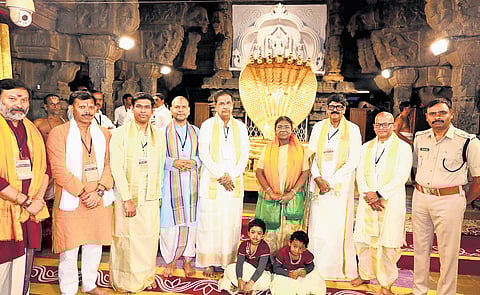 President Droupadi Murmu offers prayers in Tirumala on Friday. 