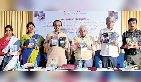 Prof Shakira Khanum, Dr Rekha Kowshik, Jnanpith awardee Dr Chandrashekar Kambar, Karnataka Chitrakala Parishath president B L Shankar, author and journalist Raghunatha Cha Ha and playwright Dr Nataraj Thalaghattapura, at Bharath Education Society, Jayanagar, on Saturday.
